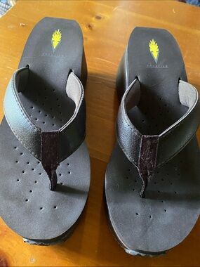 Volatile Women’s Dark Brown Leather Thong Sandals with Yellow Logo
